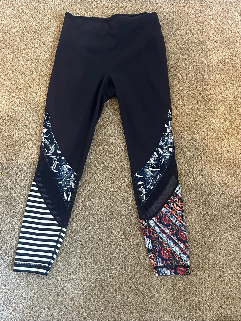 Athleta Black Leggings with Navy, White & Multicolor Patchwork